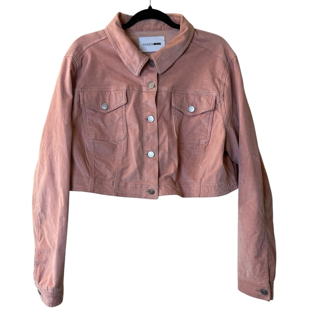 Fashion Nova Pink Cropped Corduroy Jean Jacket Moto Style Sz XL